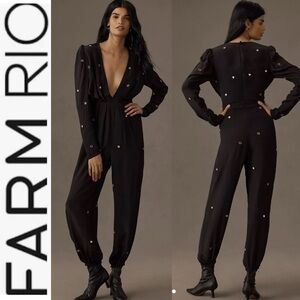 NWT Farm Rio Black Mirror Satin Jumpsuit with Embellishments s